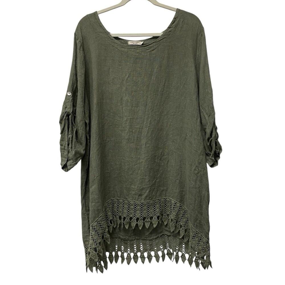 Olive Green Crochet-Hem Linen Tunic Blouse